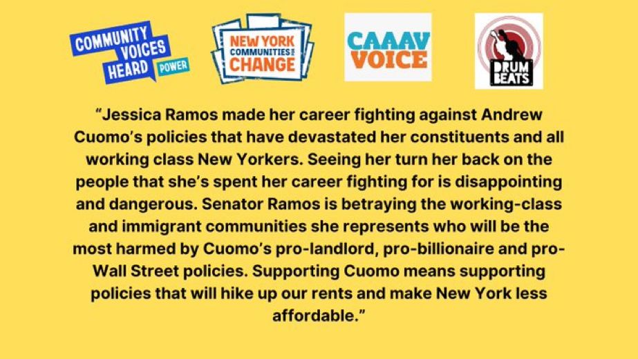 Statement from 4 community orgs:
Slams Ramos for supporting Cuomo because Cuomo leads to policies that hike up our rents, make NY less affordable 