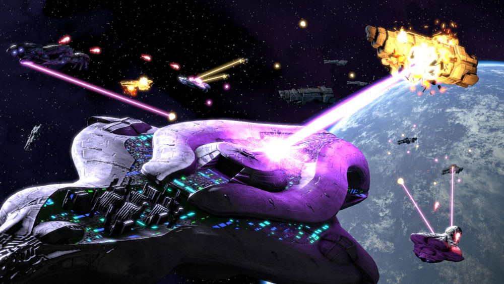 A Covenant carrier destroys a UNSC cruiser with its plasma lance