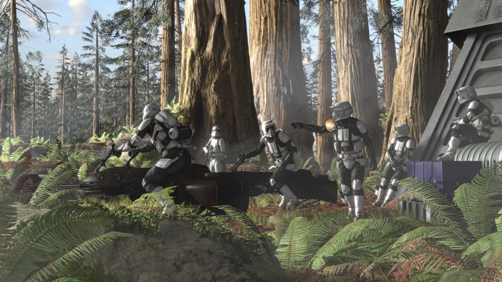 A scout trooper commander gives orders to two other scout troopers on speeder bikes. Two more scout troopers hang out behind them, and a stormtrooper stands guard.