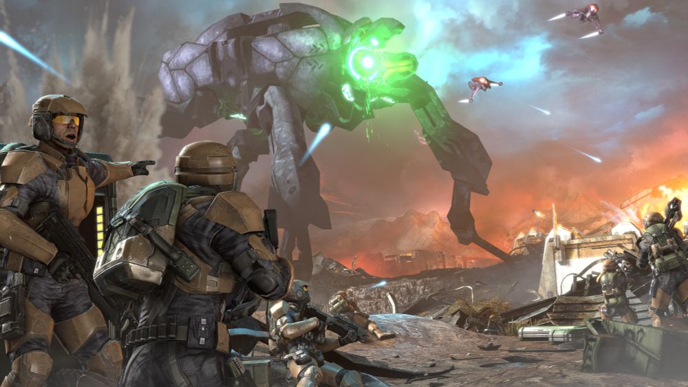 A UNSC Marine shouts while pointing at a Protos-pattern Scarab, and two Banshees. More Marines run up to the battle, two of them carrying rocket launchers.