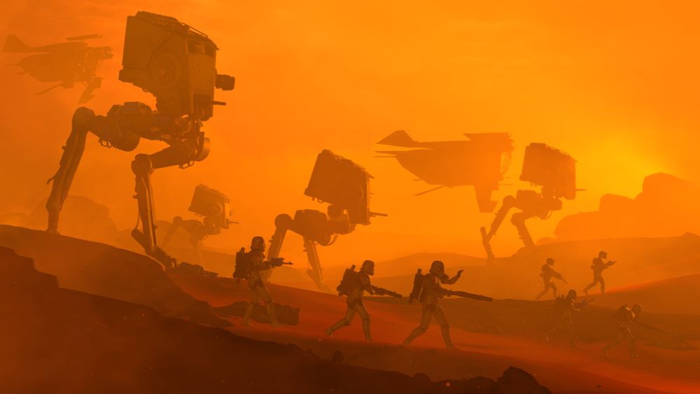 AT-STs, Imperial gunships, and stormtroopers navigate a sandstorm.