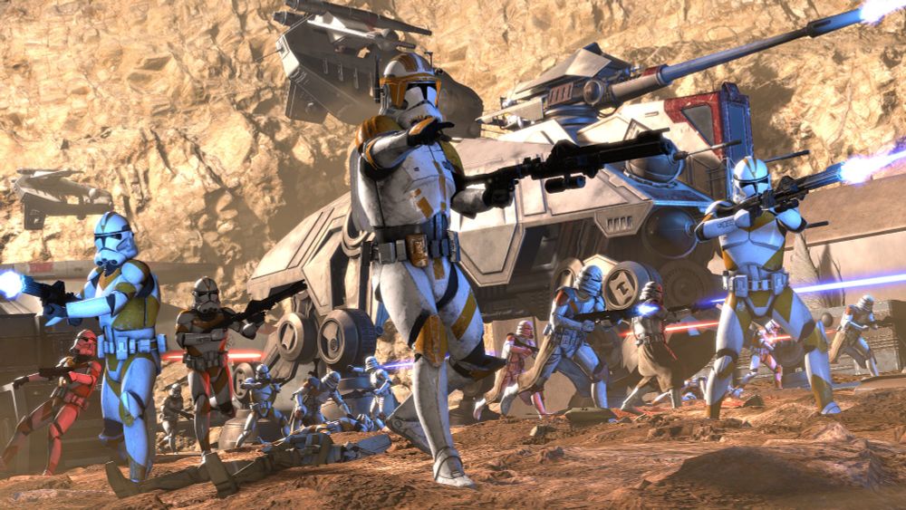 Commander Cody leads a bunch of clones and airborne troopers into battle. An AT-TE follows behind them, and several LAATs are flying away.