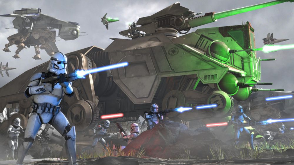 Clones engage in battle while defending an AT-TE. An LAAT/c flies in with a V-Wing escort carrying another AT-TE, while a second LAAT/c lands a third AT-TE.