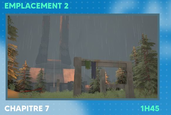 Capture d'écran du jeu Caravan SandWitch. Il y a un carré avec une image tirée du dernier chapitre du jeu. Au dessus il est noté "EMPLACEMENT 2", en dessous à gauche "CHAPITRE 7" et en dessous à droite "1h45"