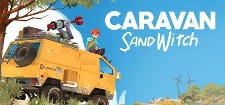 L’affiche promotionnelle du jeu "Caravan Sandwitch". 
Le titre du jeu est écrit en gros et blanc à droite. 
A gauche il y a un beau van jaune avec une jeune femme Rousse assise sur le toit.