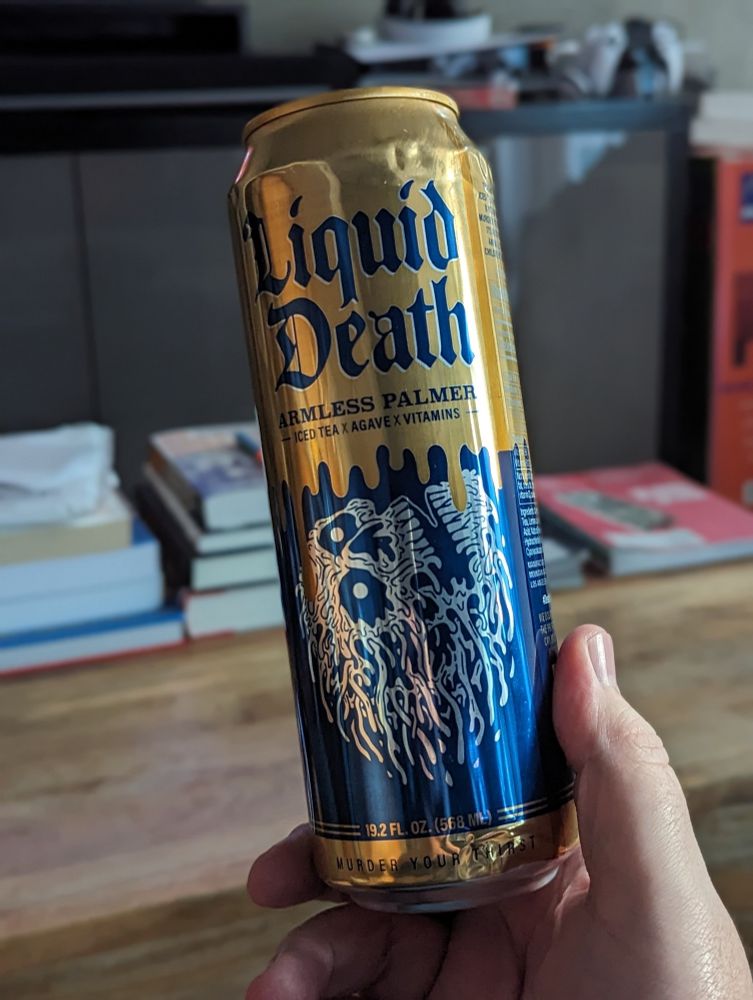 Liquid Death Armless Palmer can.