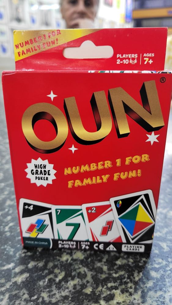 A duplicate copy of a card game called UNO. This one is named OUN.