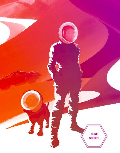 Astronaut and dog in space suits on a planet surface