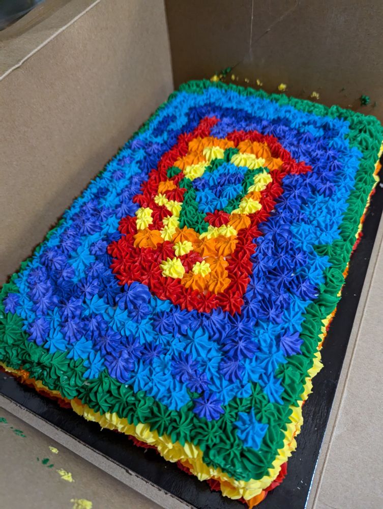 A sheet cake in a cake box from above. Small piped icing rosettes of red, orange, yellow, green, blue, and purple cover this cake in a sort of rectangular pattern, with occasional random colours in spots