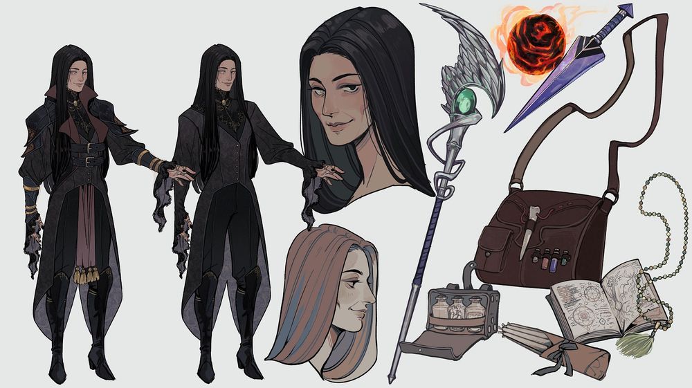 character sheet commission depicting a middle aged woman with long black hair and a black and red outfit. There's are accessories and weapons sketched out as well 