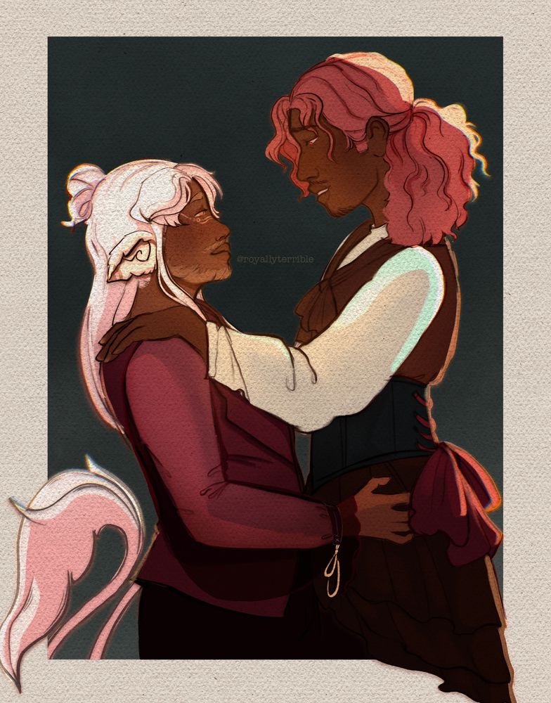 a shorter white haired man on the left side of the screen is in a maroon suit, holding the waist of a taller man. he has a white tail and a furry ear. the taller man has pink shoulder length hair and is wearing a brown vest over a white dress shirt. he has a corset with ribbon tying the back and a deeper brown layered train skirt.