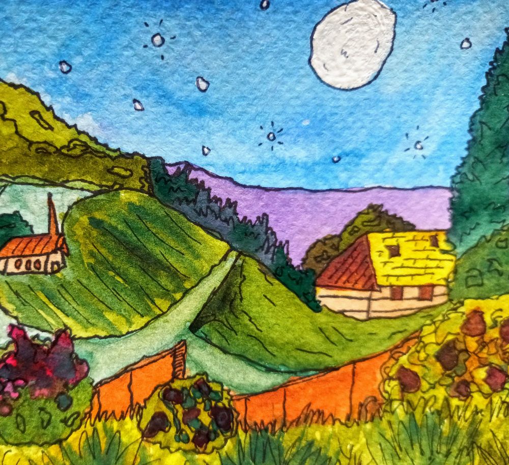The watercolor painting Gaelynn made with her youngest niece - it's a countryside scene with a house and a church nestled in a valley with trees and bushes scattered around. It's a nighttime scene with the full moon and stars in the sky.