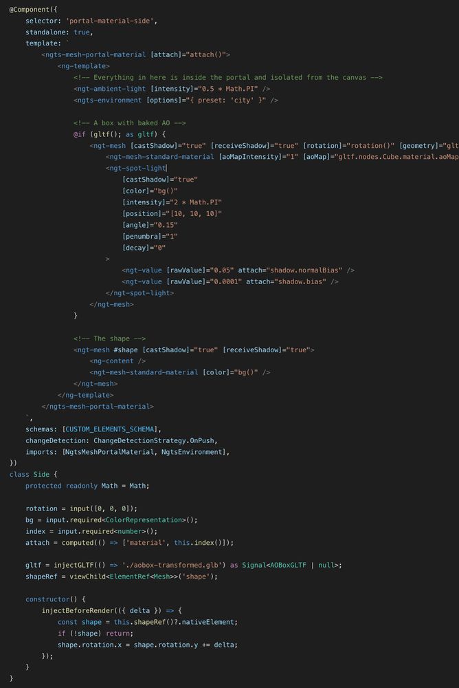 `portal-material-side` component with `ngts-mesh-portal-material`. Angular Template works beautifully here