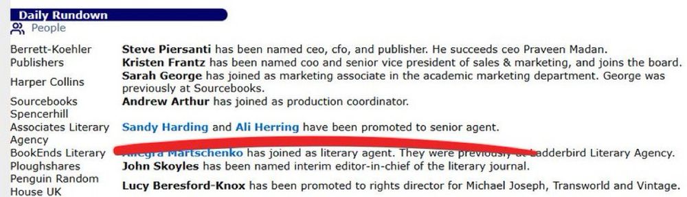 Publishers lunch announcement showing Ali Herring and Sandy Harding promoted to Senior Agents at Spencerhill. :)