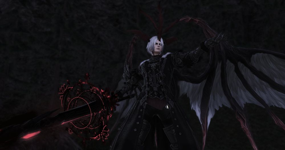 A hyur male with white hair and five horns, as well as large, spiny wings with feathers in between. His face has corrupted marks running down the sides, and he is wearing a black and red version of the Edenmorn coat.
