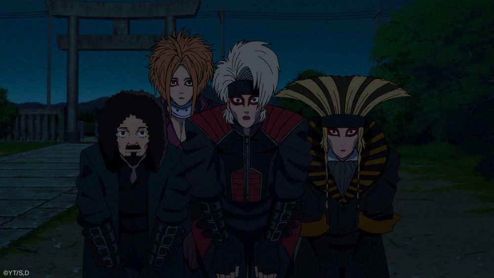 The band "Brute Force" from Dandadan. Four people with big hair and extravagant outfits.