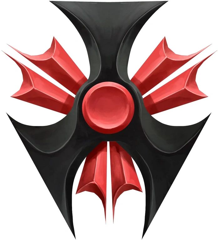 Image of a black and red, sharp edged symbol