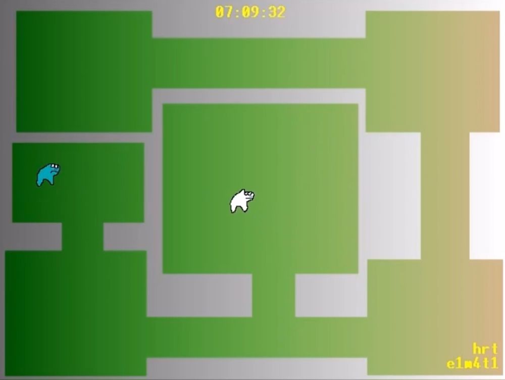 A screenshot from Horse Race Tests, showing two simplistic horses in a segmented labyrinth, with the white horse in the middle, and the cyan horse at the very left.