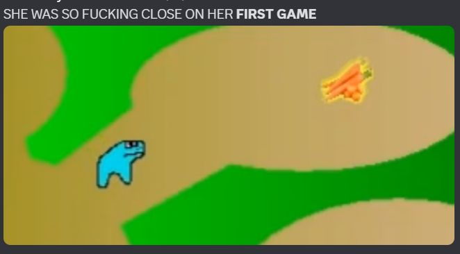 SHE WAS SO FUCKING CLOSE ON HER *FIRST GAME*
screenshot of cyan from horse race tests almost getting the carrots