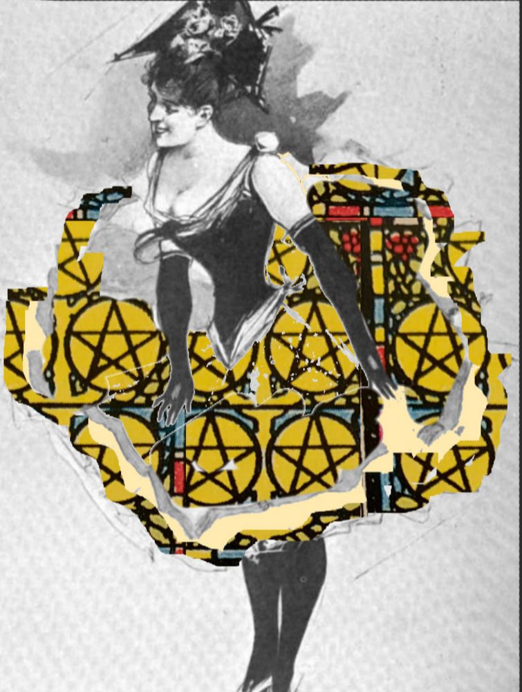a girl drawn in pencil with wide billowing skirt with pentacles drawn all over in typical golden and red color scheme.