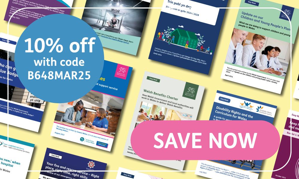 A bold "10% off with code B648MAR25 SAVE NOW" message. Background is a collage of 12 different Easy Read document covers.
