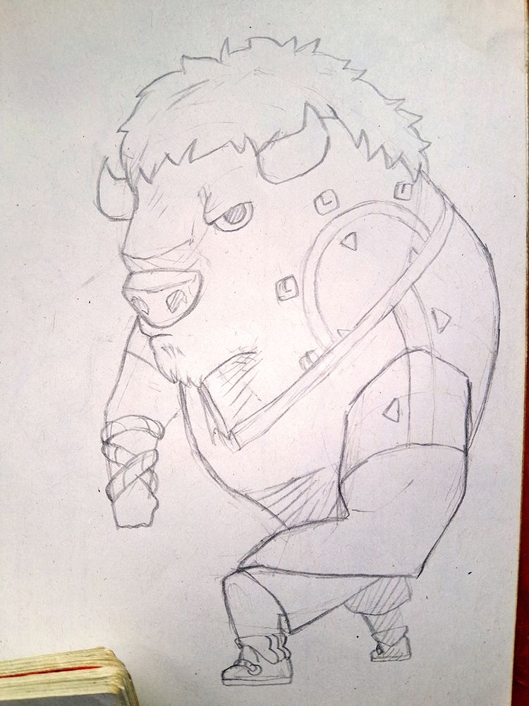 Drawing of a bison in sportswear with a tribal tattoo