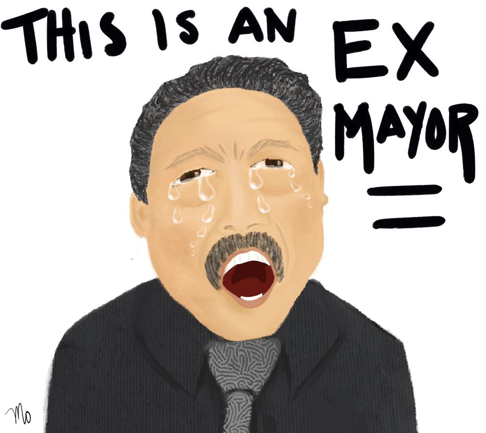A cartoon of Bruce Harrell crying with text reading “This is an ex mayor” in all caps