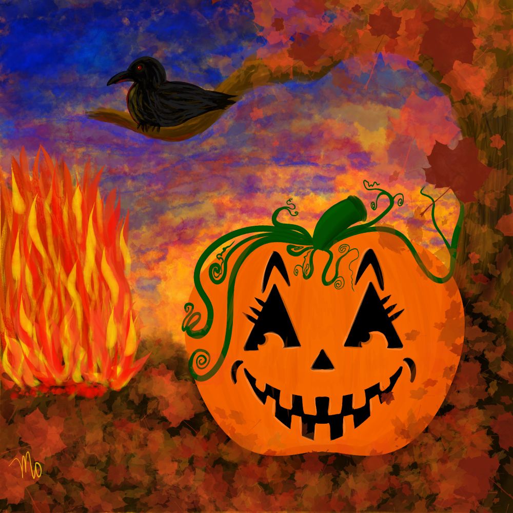 A smiling Jack -o-lantern and a crow on a branch above her enjoy a bonfire against a colorful sunset. She’s got green vines for curls. 