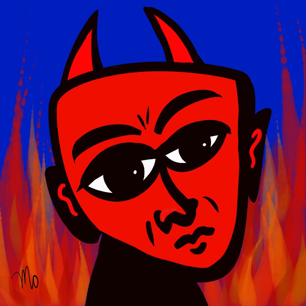 A bright red cartoon devil with bold black line-work against a blue background with flames rising from the bottom 
