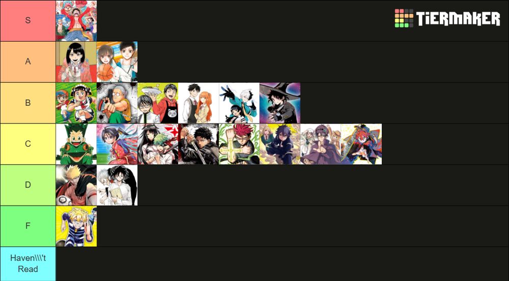 My personal tier list for all series currently in Weekly Shonen Jump.
S Tier: One Piece
A Tier: Akanebanashi, Blue Box
B Tier: Me & Roboco, Sakamoto Days, Kill Blue, Hima-ten, Psychic Police Officer Choujo, Ichi the Witch
C Tier: HunterxHunter, Elusive Samurai, Nue's Exorcist, Kagurabachi, Kiyoshi the Exorcist, Shinobi Undercover, Sydcraft, Otr of the Flame
D Tier: Embers, Star of Beethoven
F Tier: Nice Prison