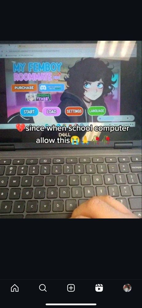 My femboy roommate visual novel game on a laptop, captioned "since when school computer allow this"