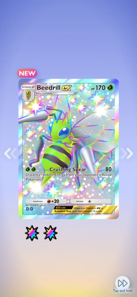A screenshot of Pokémon TCG Pocket of a shiny Beedrill EX. The card is a 3D render with silver holographic effects covering the card and back, plus rainbow colored outlines.
