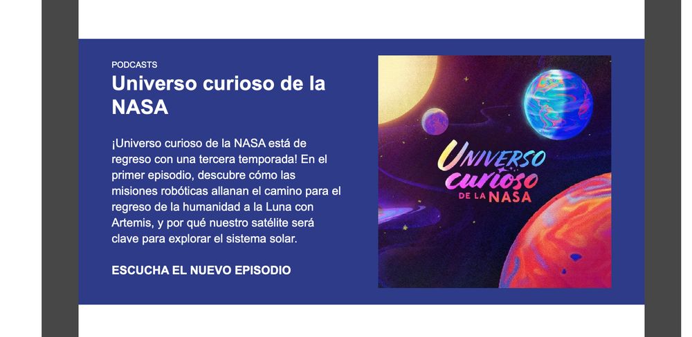 Ad for the NASA podcast 'Curious Universe' in Spanish.