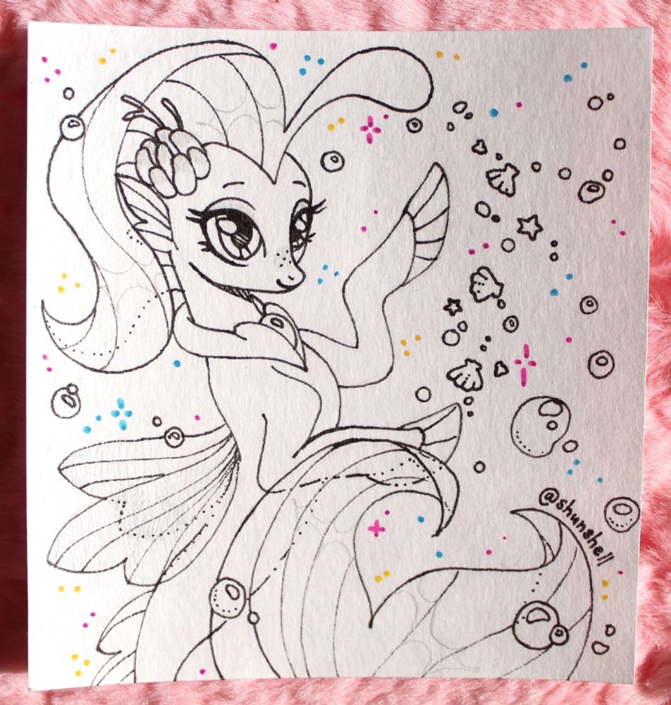 A sketch of Princess Skystar as a seapony. There are colourful sparkles all around the seapony. Shells are everywhere. Skystar looks great in black super thin marker. Awesome work by artist Shunshell from VK.