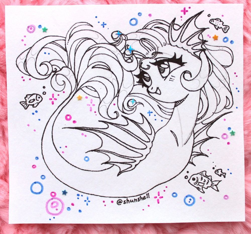 Commission of my character hippocampus Sivenessa by the talented Shunshell from VK. A traditional lineart with colourful sparkles here and there. Sivenessa is holding and looking at the three pearls she has. She looks very cute and joyful.