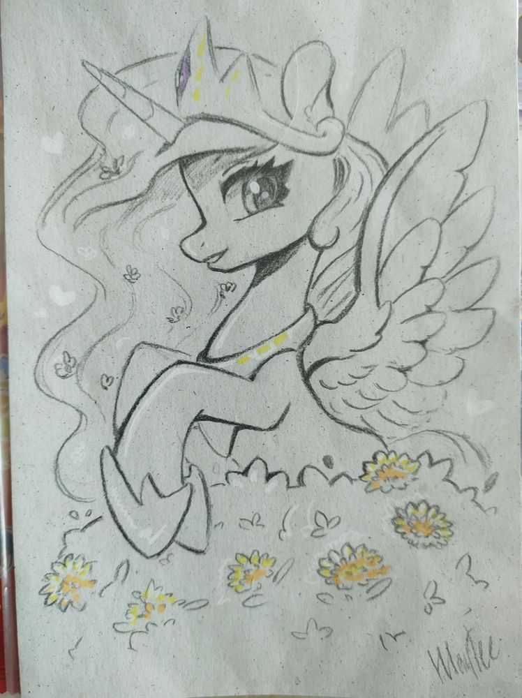 A traditional art of alicorn Princess Celestia on light greyish paper drawn with matte grey pencils. Celestia is rearing, wings outstretched behind her. Her lower half is concealed by a bush with whitish-yellow flowers. Gift from artist called Maytee.