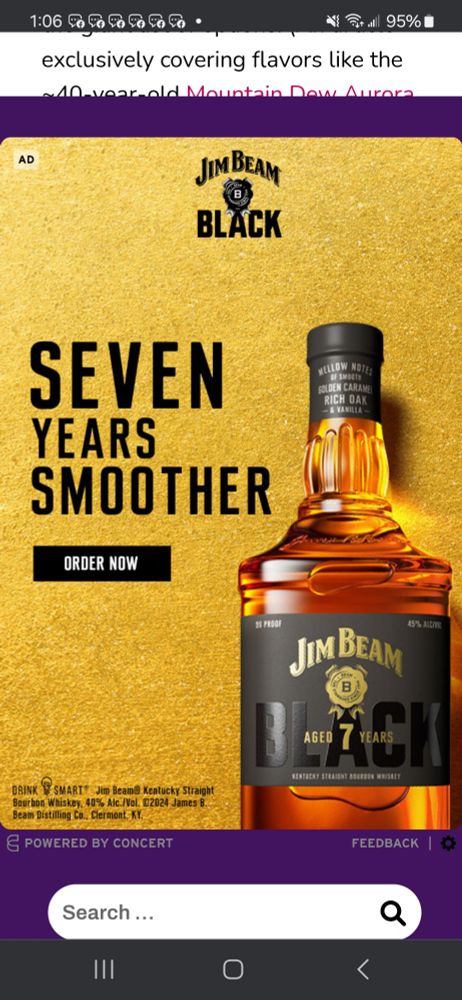 Article with 2 lines of text visible, the entire rest of the screen is obscured by a scrolling ad for Jim Bean