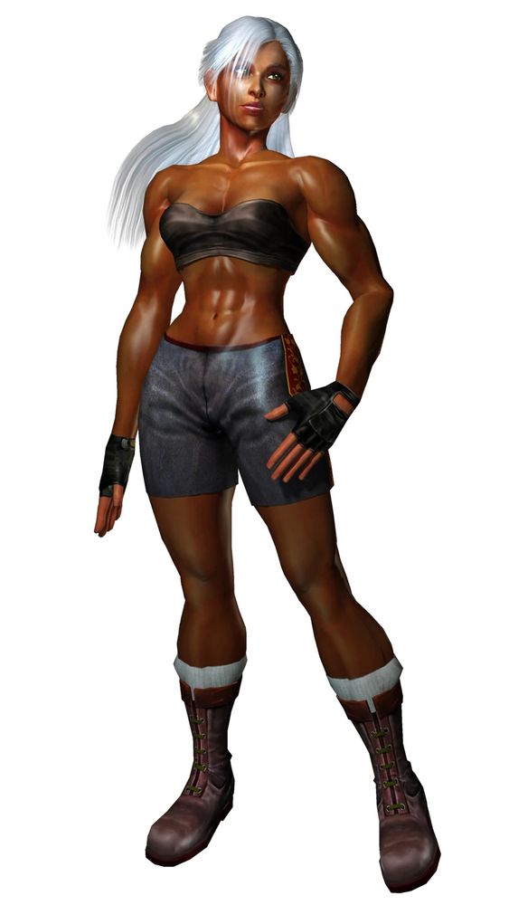 Official render of Vanessa Lewis from Virtua Fighter 4. She has long white hair, notably dark skin and six-pack abs.