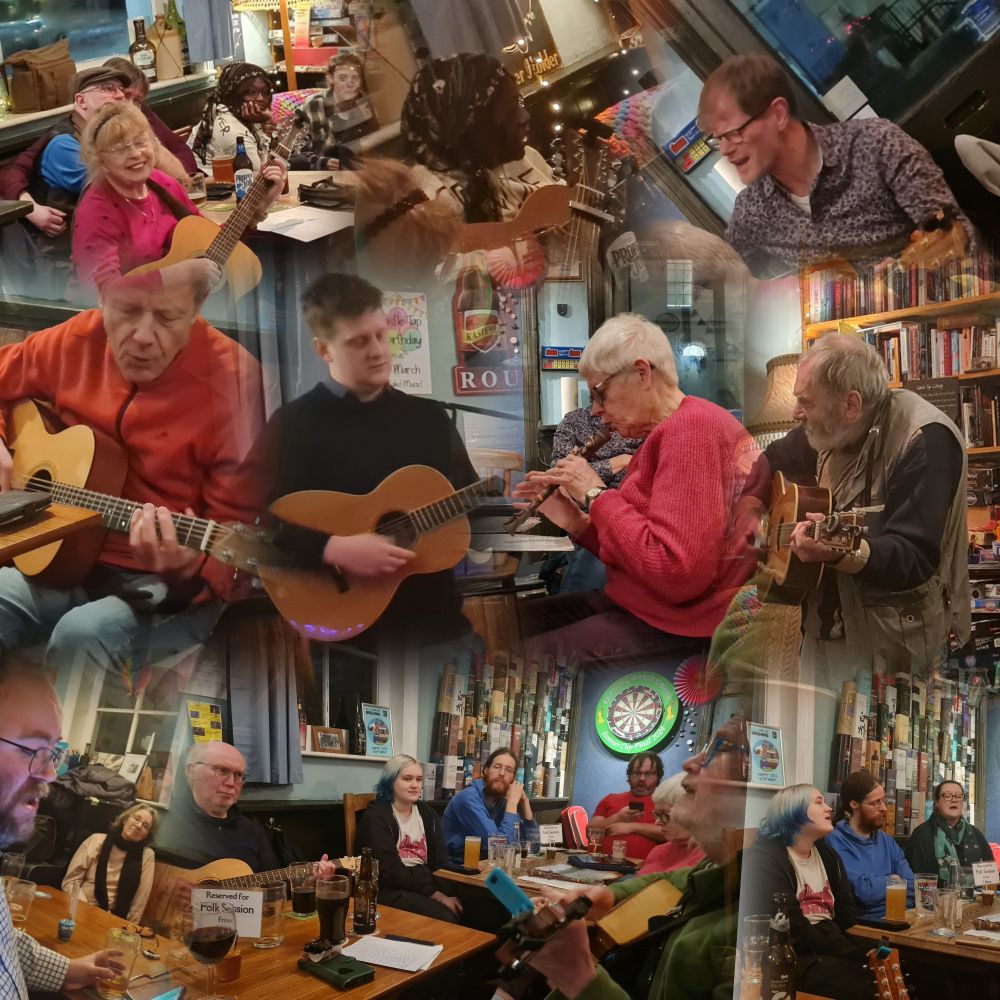 Collage of images of people singing and playing music in a pub.