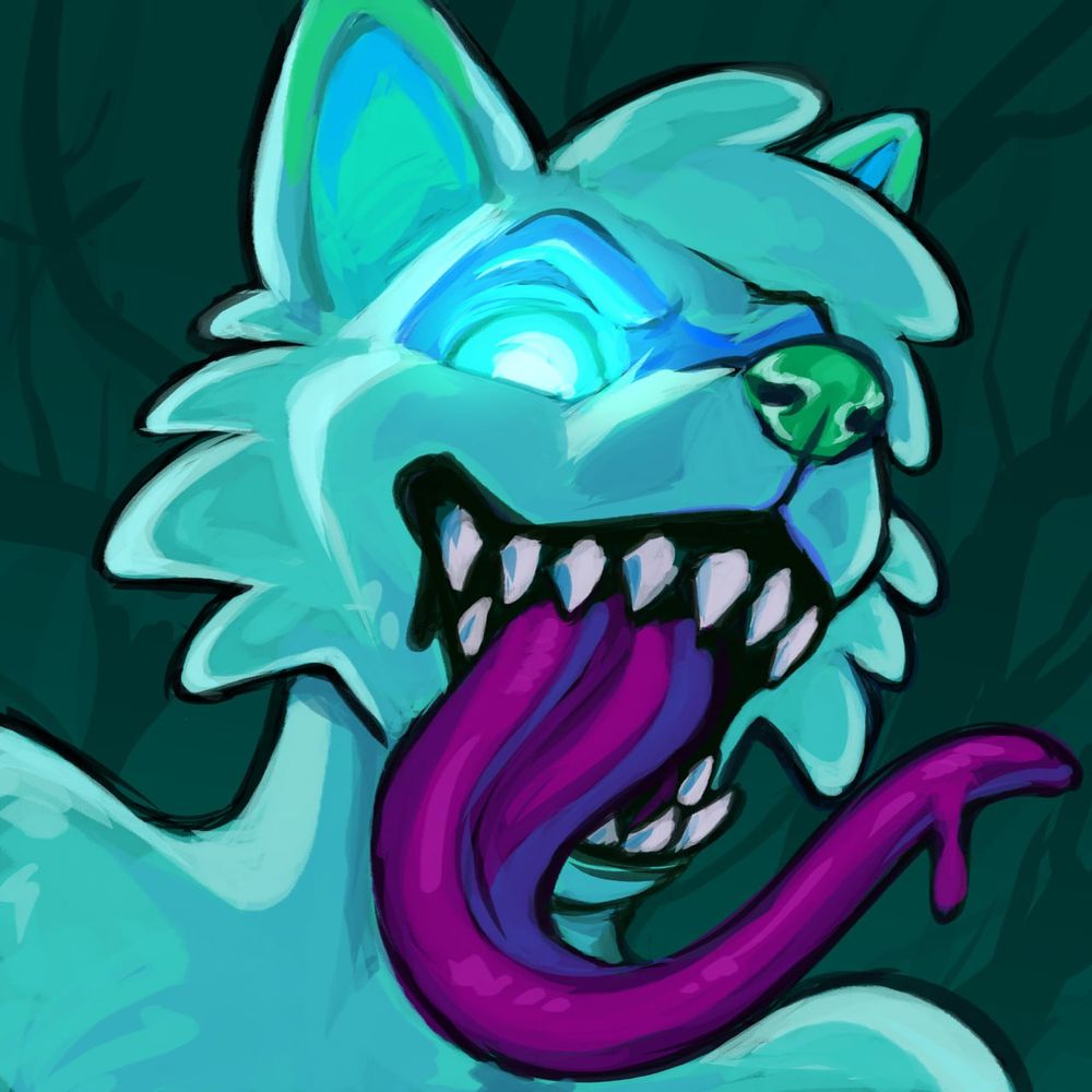 A cursed lilac raccoon named Tundra poses for the camera, his blue eyes glowing with a possessed aura and a slithering purple tongue outstretched towards the viewer!  Uh oh!