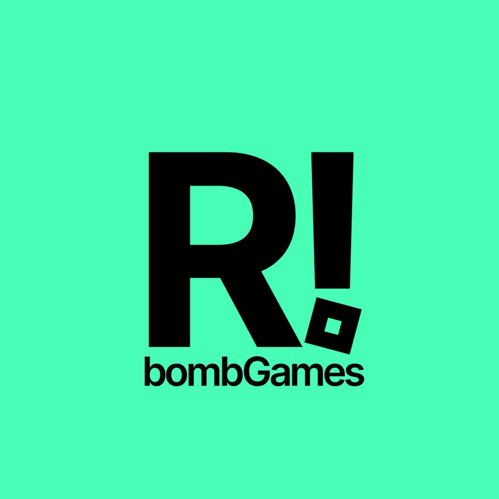 Squared picture with a light mint green background with "R!" written on it in black and "bombGames" written under

The dot under the exclamation mark is the roblox logo