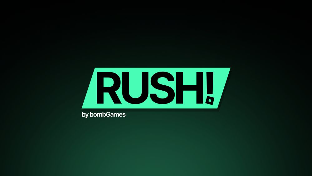 Large Image showing a slightly tilted light mint green block with "RUSH!" written in black inside it. Under the block can be seen a little white text saying "by bombGames"