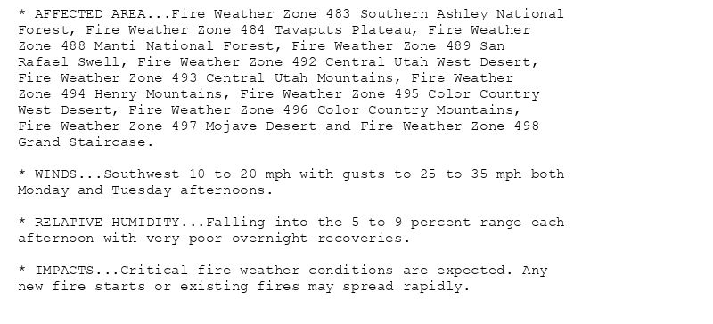 * AFFECTED AREA...Fire Weather Zone 483 Southern Ashley National
Forest, Fire Weather Zone 484 Tavaputs Plateau, Fire Weather
Zone 488 Manti National Forest, Fire Weather Zone 489 San
Rafael Swell, Fire Weather Zone 492 Central Utah West Desert,
Fire Weather Zone 493 Central Utah Mountains, Fire Weather
Zone 494 Henry Mountains, Fire Weather Zone 495 Color Country
West Desert, Fire Weather Zone 496 Color Country Mountains,
Fire Weather Zone 497 Mojave Desert and Fire Weather Zone 498
Grand Staircase.

* WINDS...Southwest 10 to 20 mph with gusts to 25 to 35 mph both
Monday and Tuesday afternoons.

* RELATIVE HUMIDITY...Falling into the 5 to 9 percent range each
afternoon with very poor overnight recoveries.

* IMPACTS...Critical fire weather conditions are expected. Any
new fire starts or existing fires may spread rapidly.