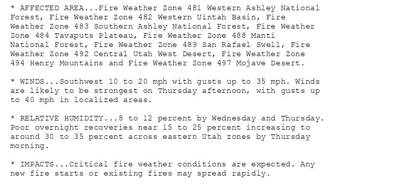 * AFFECTED AREA...Fire Weather Zone 481 Western Ashley National
Forest, Fire Weather Zone 482 Western Uintah Basin, Fire
Weather Zone 483 Southern Ashley National Forest, Fire Weather
Zone 484 Tavaputs Plateau, Fire Weather Zone 488 Manti
National Forest, Fire Weather Zone 489 San Rafael Swell, Fire
Weather Zone 492 Central Utah West Desert, Fire Weather Zone
494 Henry Mountains and Fire Weather Zone 497 Mojave Desert.

* WINDS...Southwest 10 to 20 mph with gusts up to 35 mph. Winds
are likely to be strongest on Thursday afternoon, with gusts up
to 40 mph in localized areas.

* RELATIVE HUMIDITY...8 to 12 percent by Wednesday and Thursday.
Poor overnight recoveries near 15 to 25 percent increasing to
around 30 to 35 percent across eastern Utah zones by Thursday
morning.

* IMPACTS...Critical fire weather conditions are expected. Any
new fire starts or existing fires may spread rapidly.
