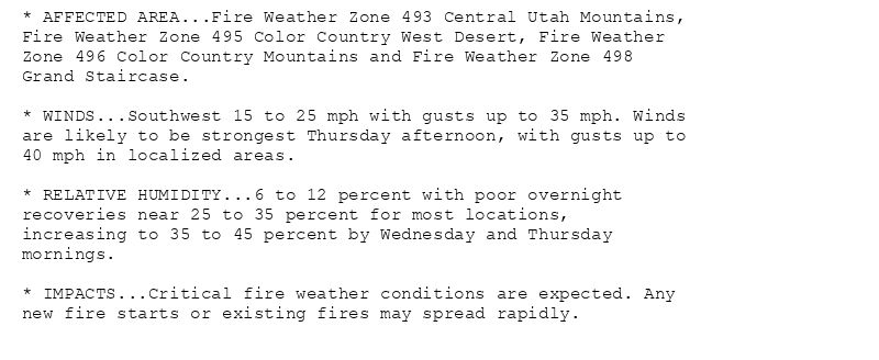 * AFFECTED AREA...Fire Weather Zone 493 Central Utah Mountains,
Fire Weather Zone 495 Color Country West Desert, Fire Weather
Zone 496 Color Country Mountains and Fire Weather Zone 498
Grand Staircase.

* WINDS...Southwest 15 to 25 mph with gusts up to 35 mph. Winds
are likely to be strongest Thursday afternoon, with gusts up to
40 mph in localized areas.

* RELATIVE HUMIDITY...6 to 12 percent with poor overnight
recoveries near 25 to 35 percent for most locations,
increasing to 35 to 45 percent by Wednesday and Thursday
mornings.

* IMPACTS...Critical fire weather conditions are expected. Any
new fire starts or existing fires may spread rapidly.