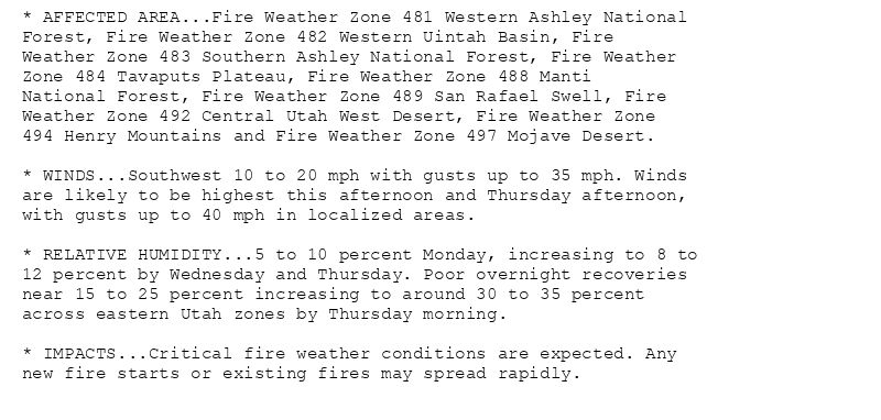 * AFFECTED AREA...Fire Weather Zone 481 Western Ashley National
Forest, Fire Weather Zone 482 Western Uintah Basin, Fire
Weather Zone 483 Southern Ashley National Forest, Fire Weather
Zone 484 Tavaputs Plateau, Fire Weather Zone 488 Manti
National Forest, Fire Weather Zone 489 San Rafael Swell, Fire
Weather Zone 492 Central Utah West Desert, Fire Weather Zone
494 Henry Mountains and Fire Weather Zone 497 Mojave Desert.

* WINDS...Southwest 10 to 20 mph with gusts up to 35 mph. Winds
are likely to be highest this afternoon and Thursday afternoon,
with gusts up to 40 mph in localized areas.

* RELATIVE HUMIDITY...5 to 10 percent Monday, increasing to 8 to
12 percent by Wednesday and Thursday. Poor overnight recoveries
near 15 to 25 percent increasing to around 30 to 35 percent
across eastern Utah zones by Thursday morning.

* IMPACTS...Critical fire weather conditions are expected. Any
new fire starts or existing fires may spread rapidly.