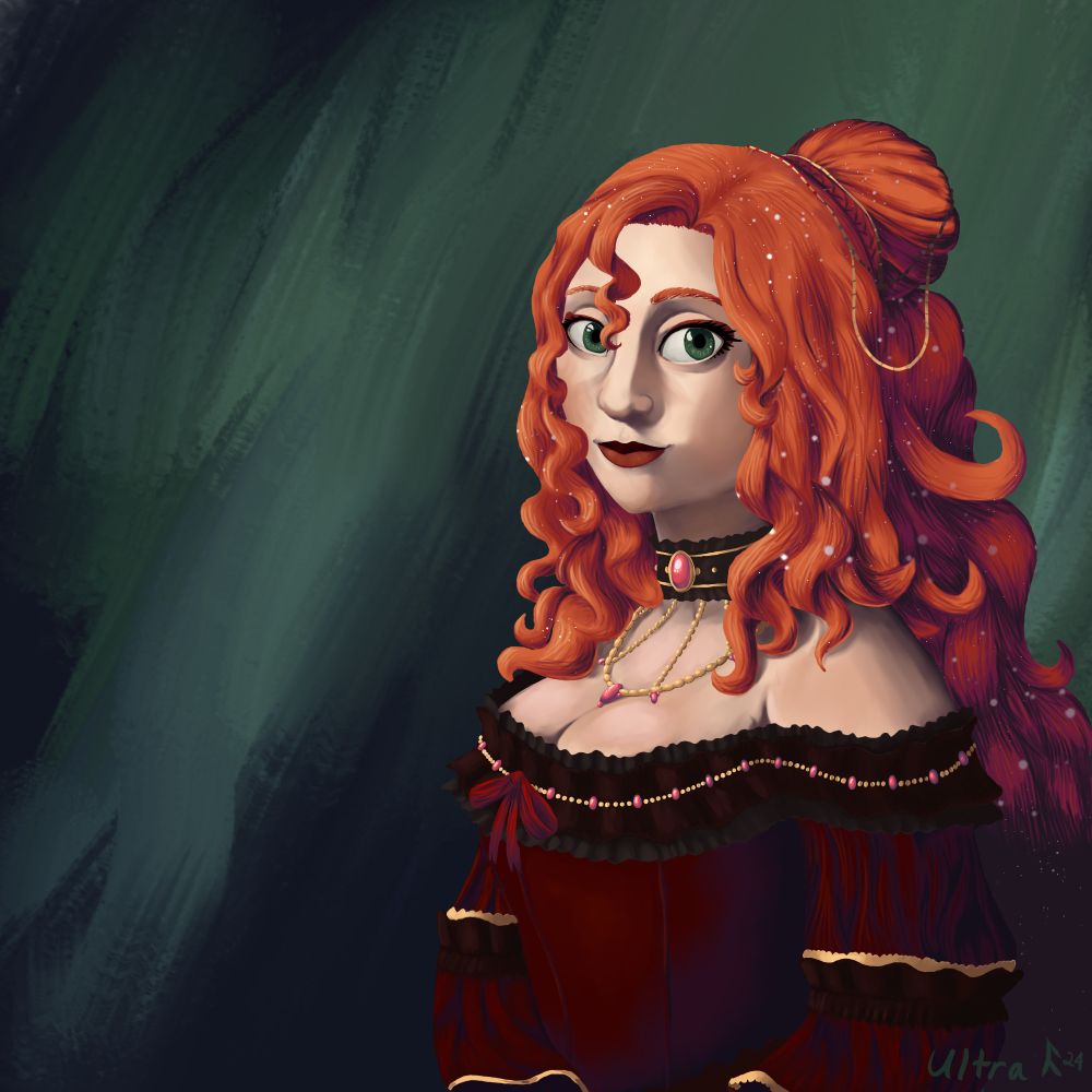 Lady Kat is a woman with red (like orange) hair and a red renaissance era dress and a blue/green background. This is also painted in a renaissance era style.