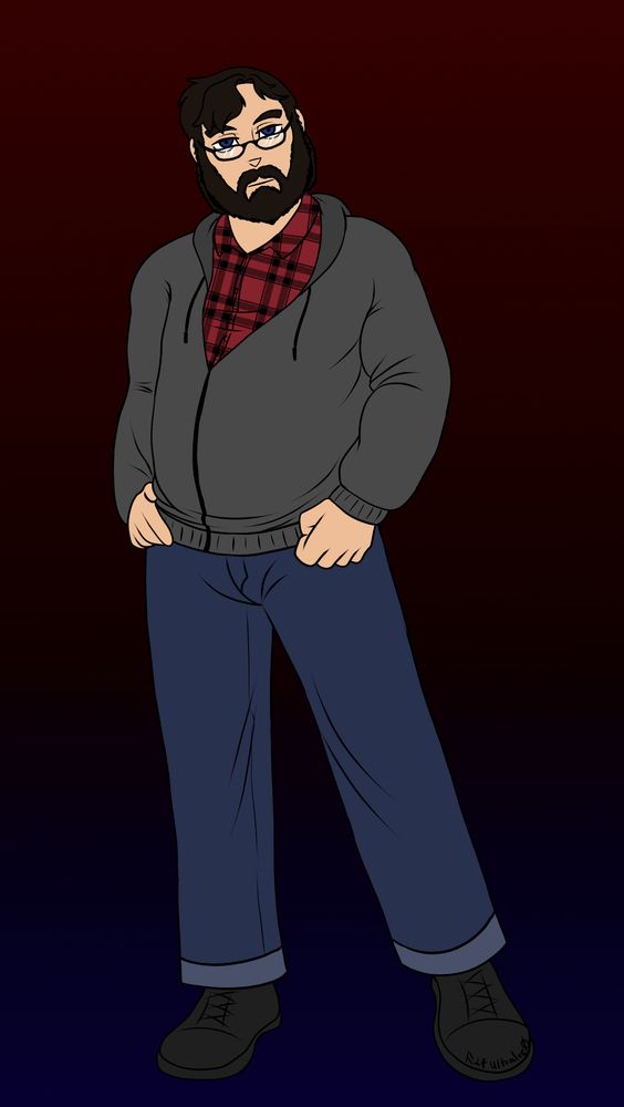 A big build man with a great beard, glasses, red plaid shirt, grey sweater, and blue jeans.