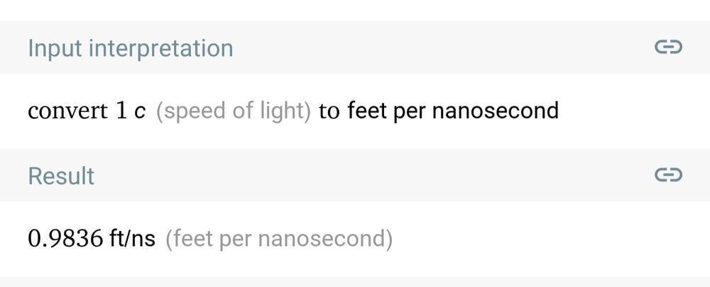 Wolfram|Alpha query showing the speed of light is 0.98 feet per nanosecond