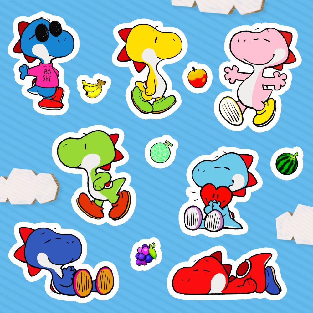 an assortment of yoshis that are drawn in the style of snoopy